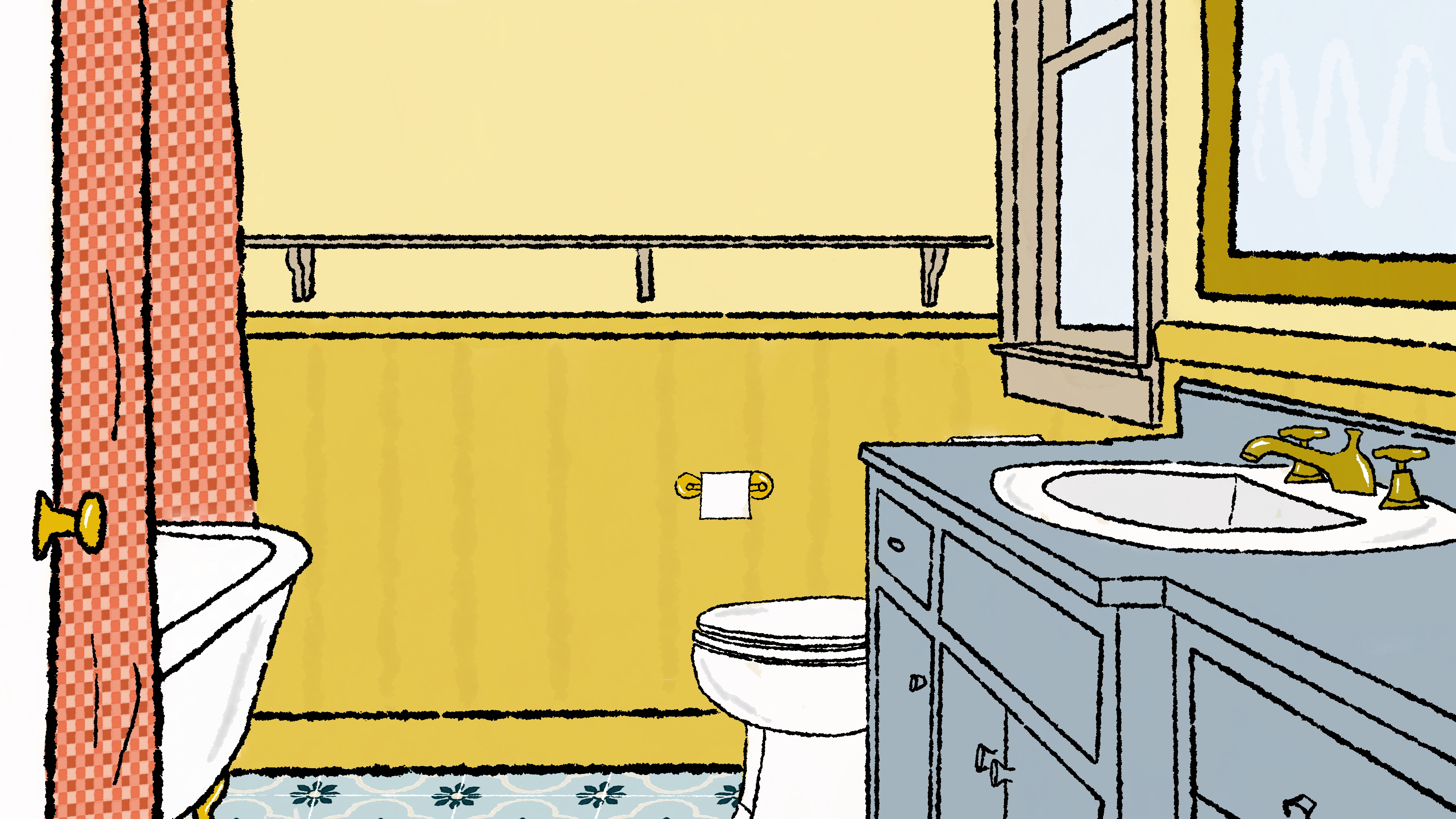 A bathroom with one window, a sink, a large shelf. Part of the toilet as well as part of the tub can be seen.
