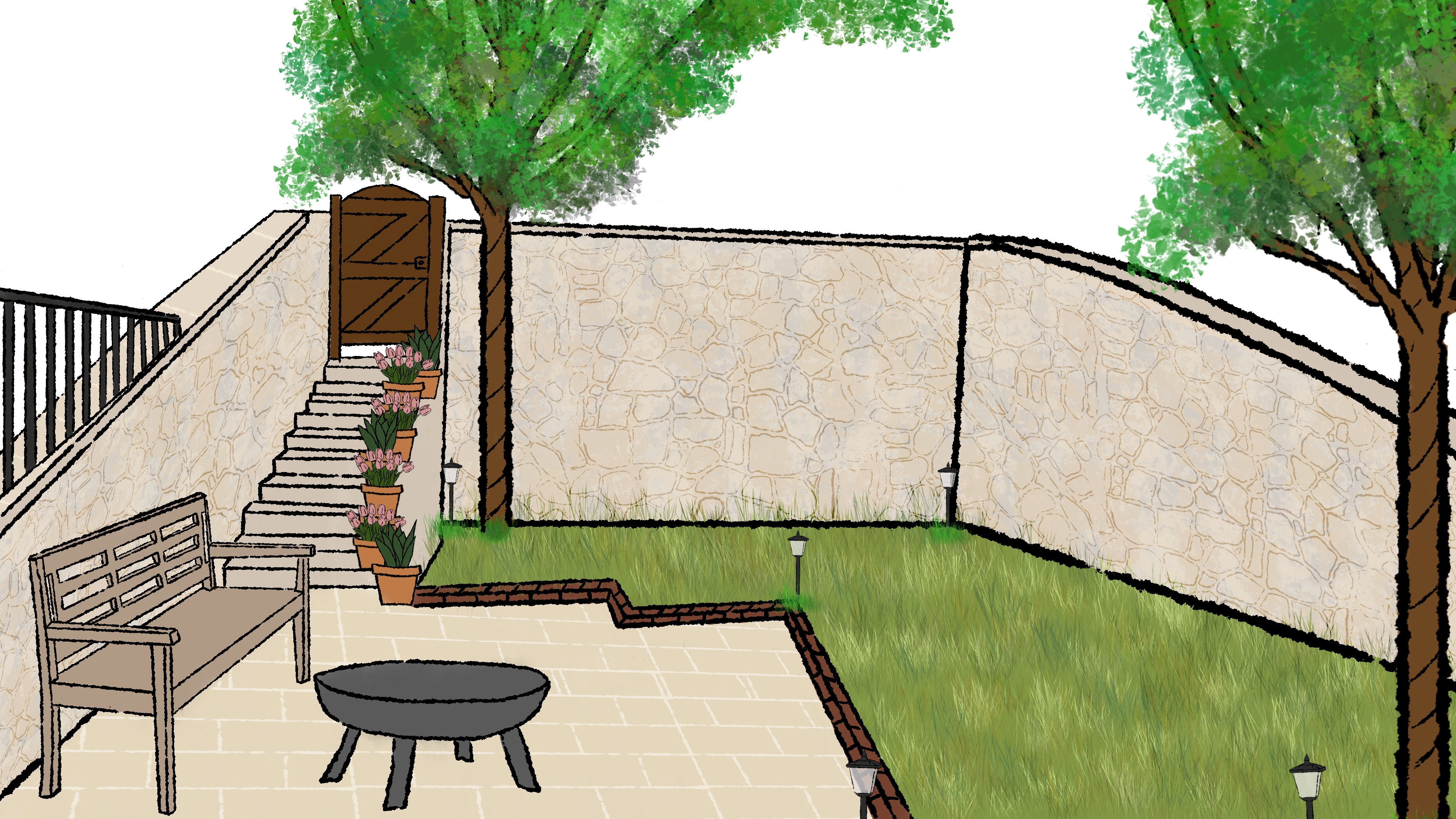 A fenced and stone wall backyard garden with stairs leading up to a gate, a firepit and bench, and a green area.