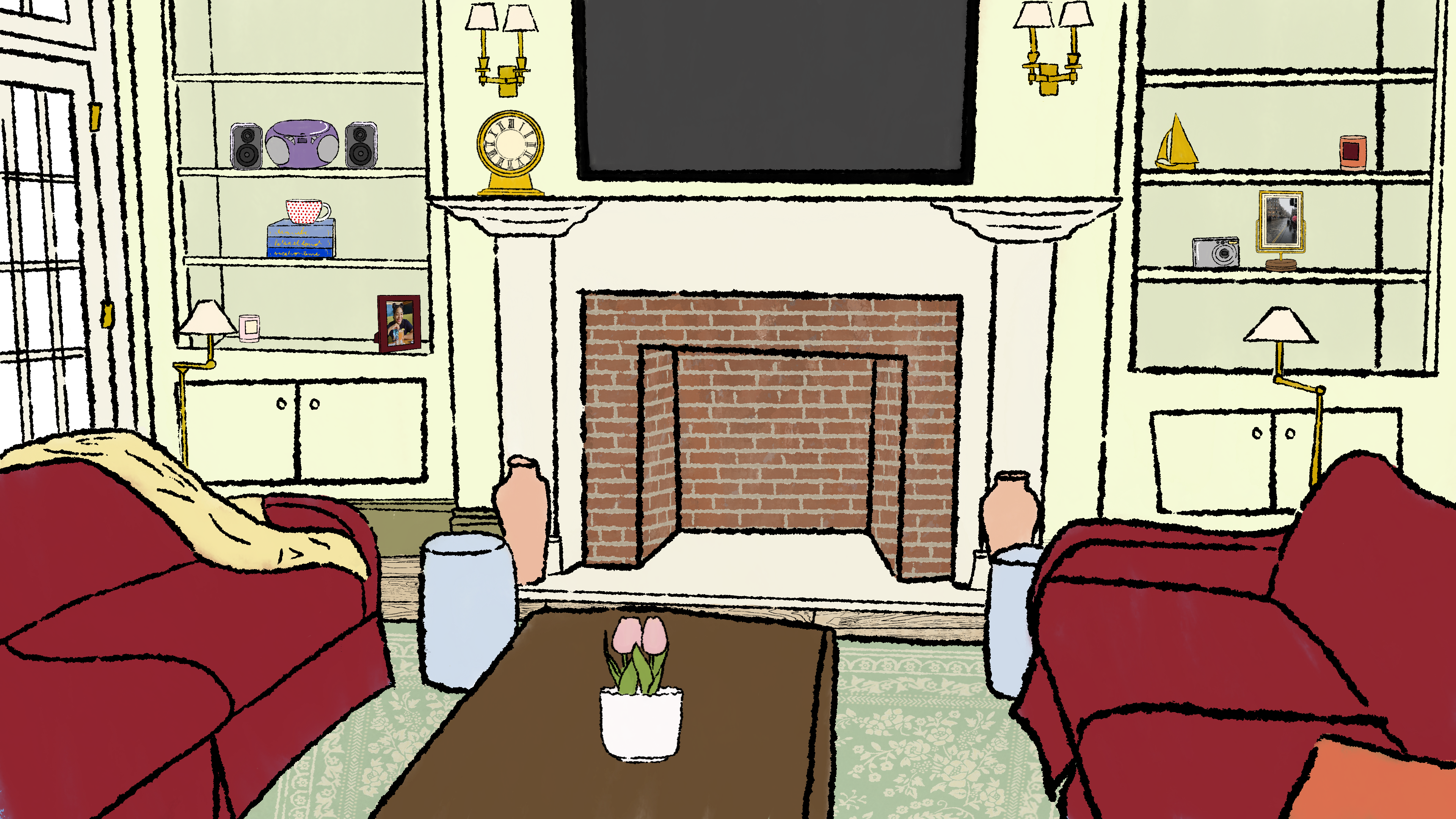 A cozy living room with red couches, a fireplace, bookshleves with some decor, and a coffee table with tulips