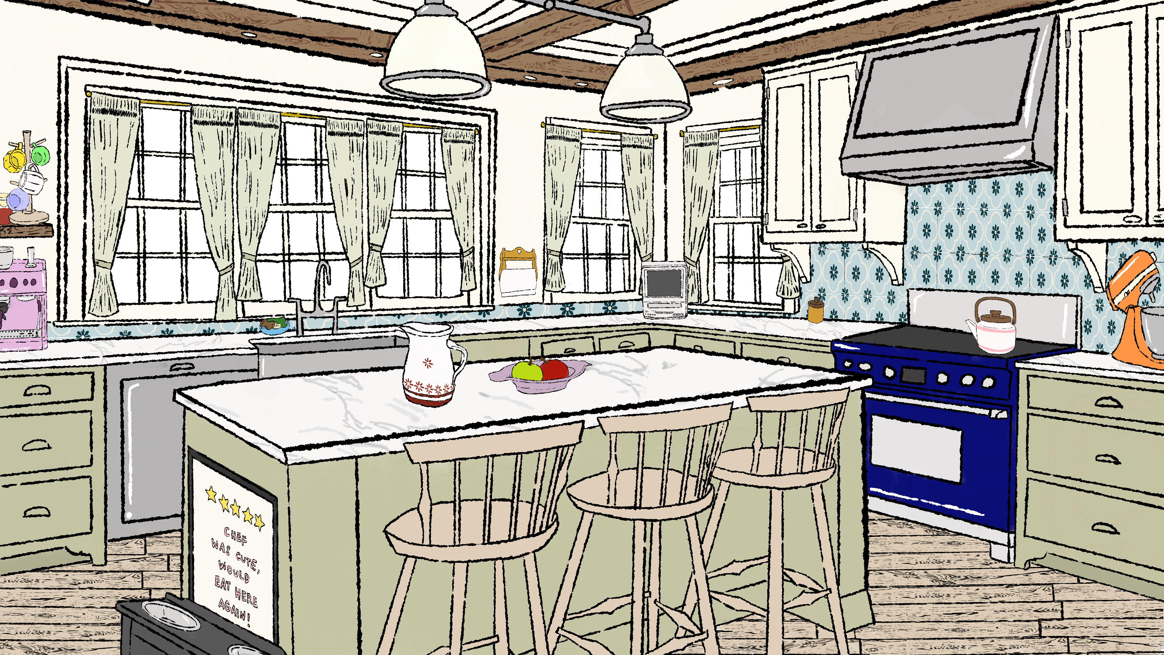 A kitchen with large windows, a farmhouse sink, three wooden chairs, and a more vintage looking stove.