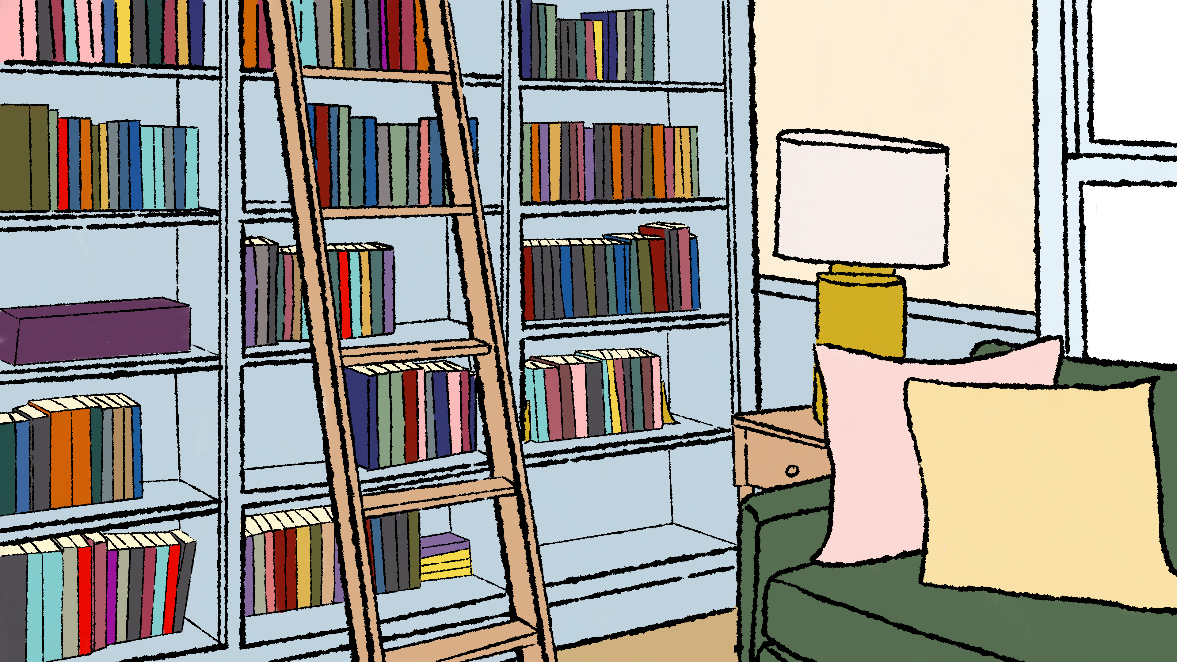 A small home library with a green couch, one yellow and one pink pillow. The shelves are blue, there is a ladder, and multi=colored books filling the shelves.
