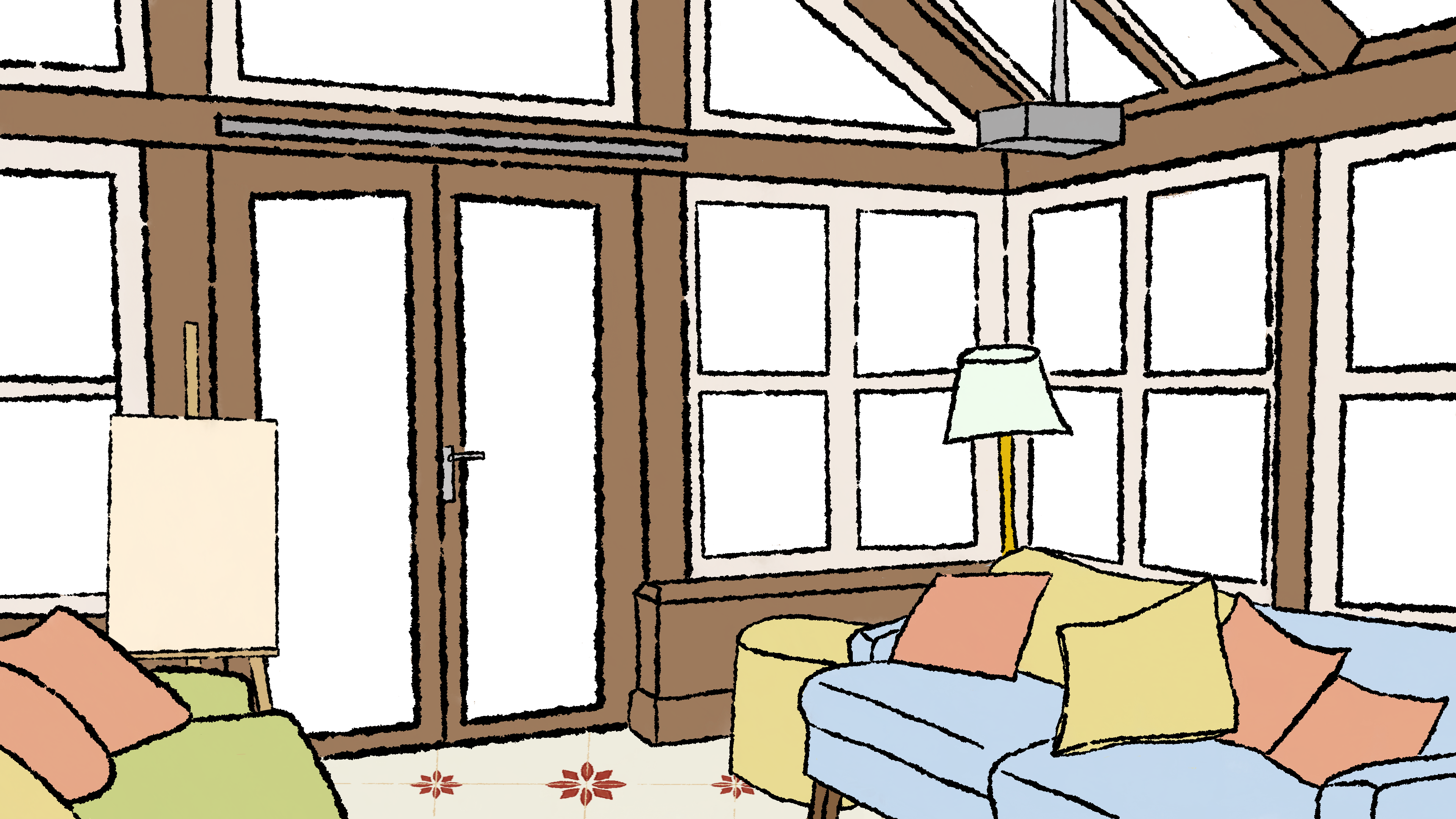 A solarium with two couches, a lamp, a projector screen, and lots of windows even on the roof space.