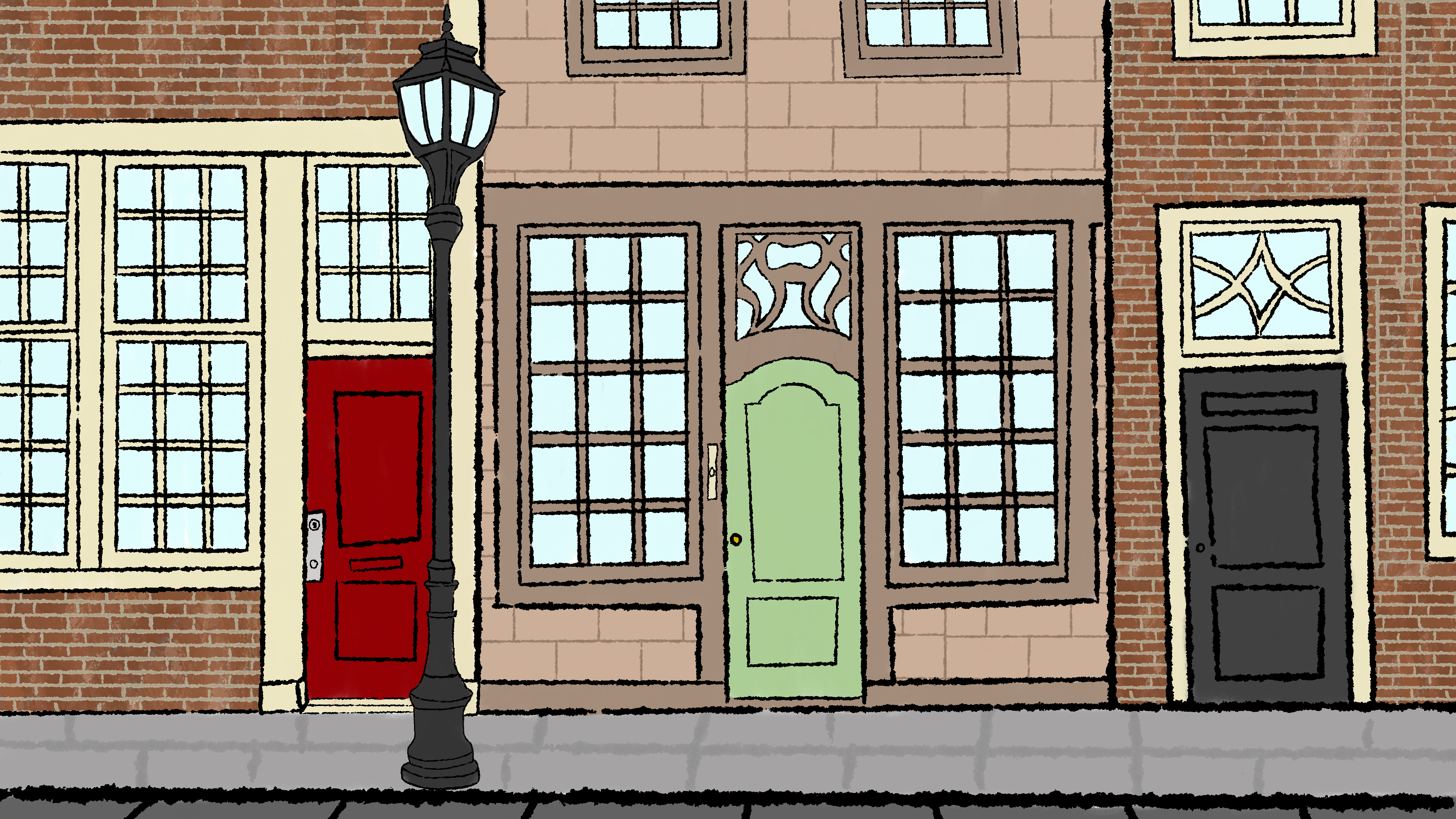 A street with three brownstones. One red door, one green door, and one black door. it's day time.