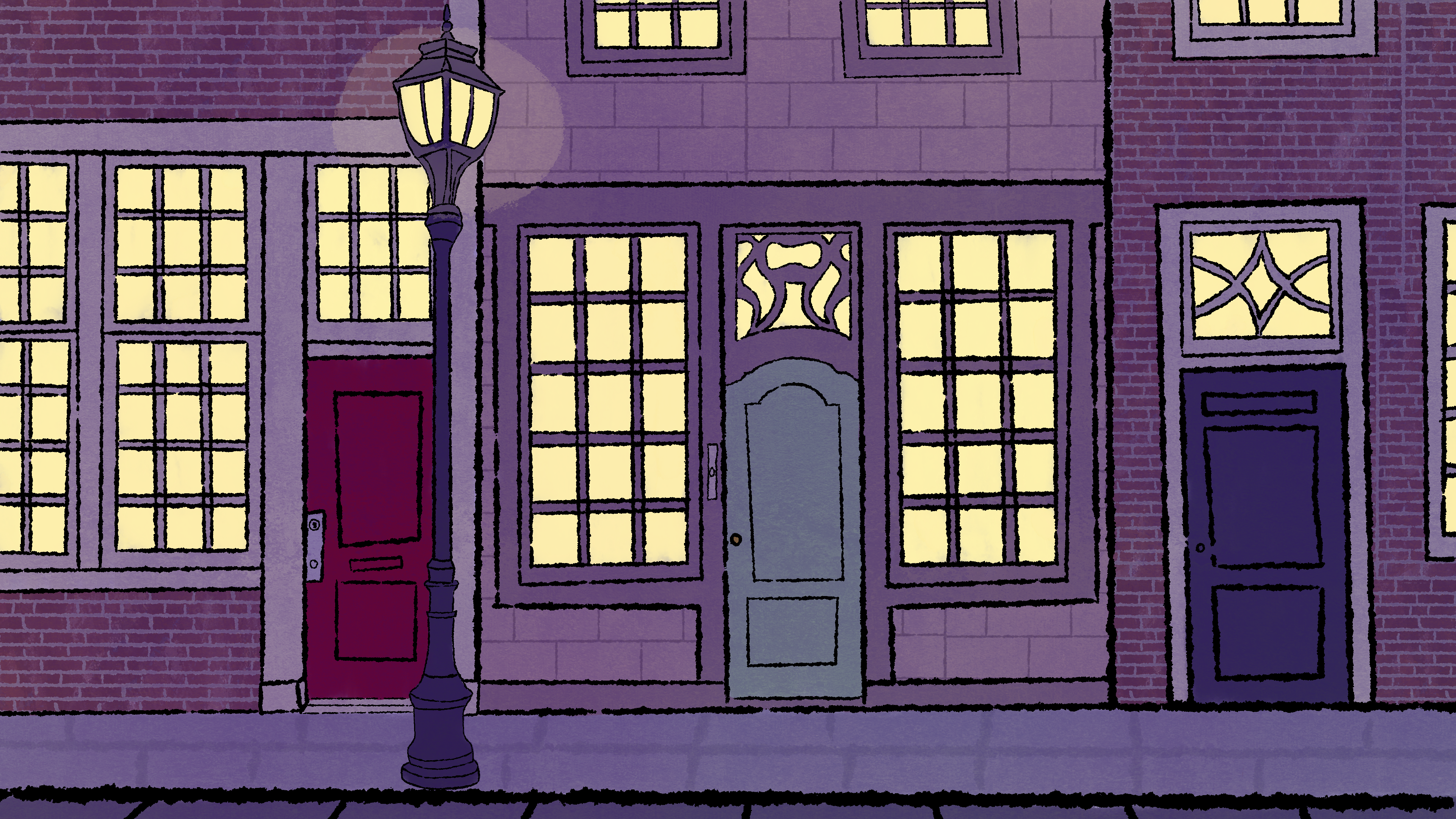 A street with three brownstones. One red door, one green door, and one black door. it's evening, dark blue.