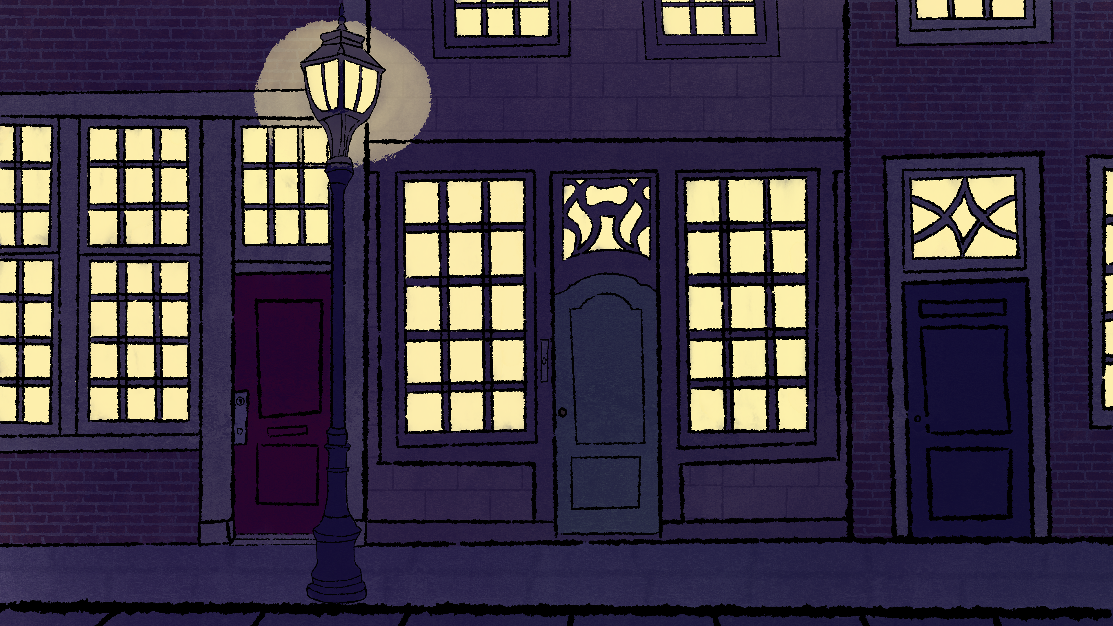 A street with three brownstones. One red door, one green door, and one black door. it's night time, nearly pitch black minus the lights on in the houses and the street lamp.