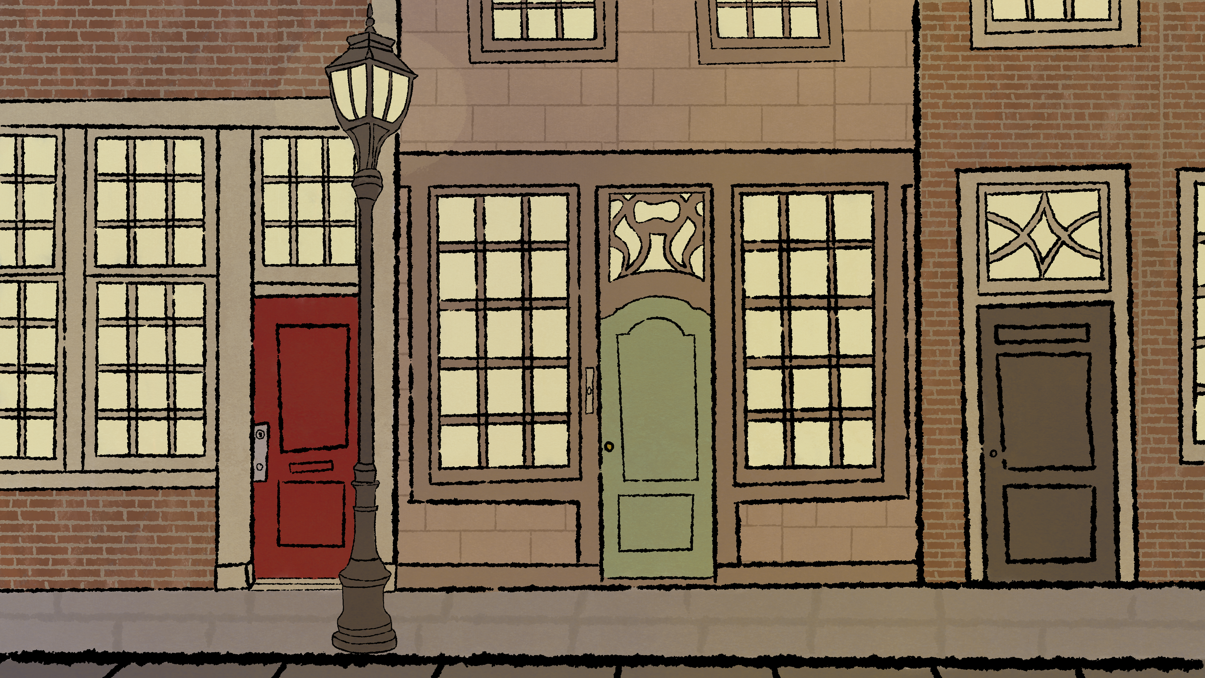 A street with three brownstones. One red door, one green door, and one black door. it's sunset with a warm yellow over it.